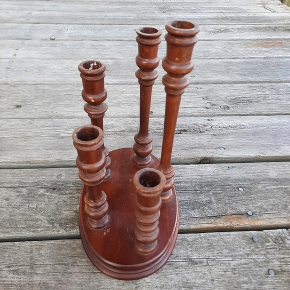 Vintage MCM mid-century modern dark wooden candlestick 5 graduated candelabra - Picture 3 of 9